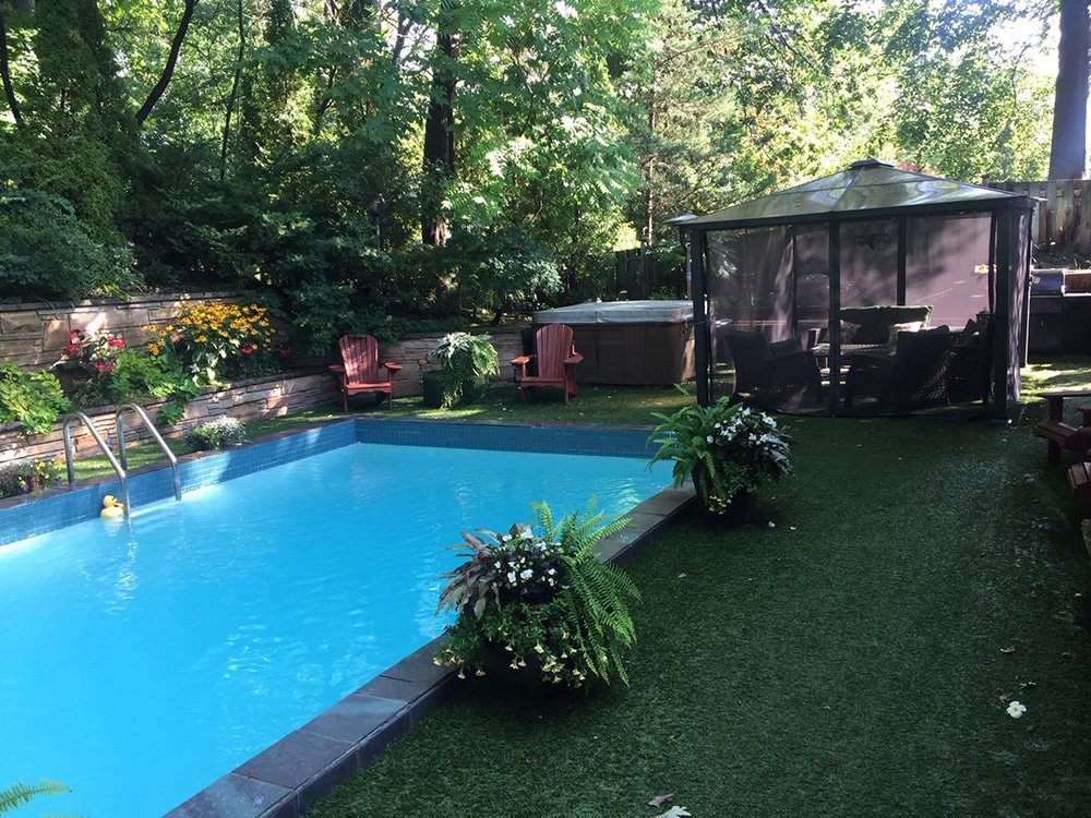 Luxury grass softens around pool and concrete