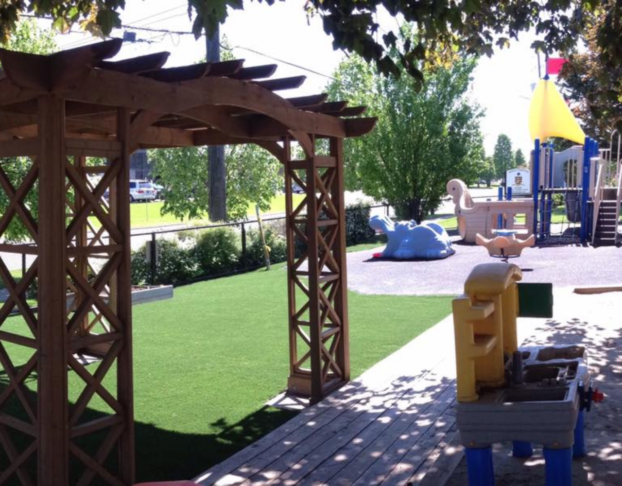 Oshawa daycare with artificial grass providing clean soft surface for kids playing