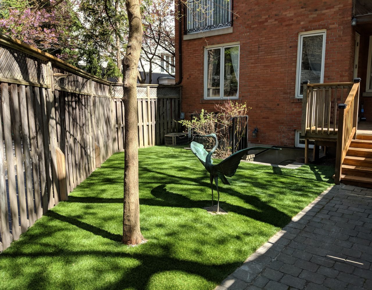 minimalist yard with artificial grass with focus on art