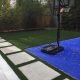 Flagstone path basket ball court artificial grass