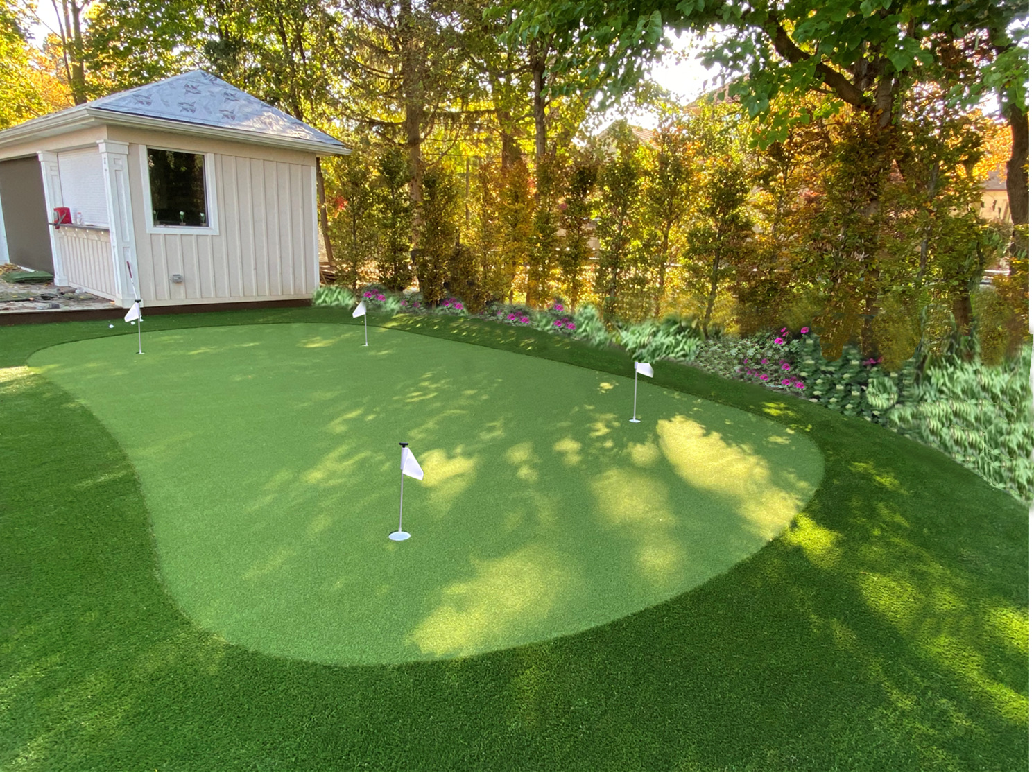 Putting green with gardens and new shed